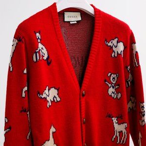 Gucci "Hawaii Animal" Red Knit Cardigan